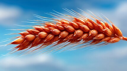 Close-up of a wheat ear with a blue sky background.