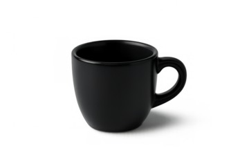 Black ceramic coffee mug on a transparent background, clean empty cup for hot beverages and branding mockups