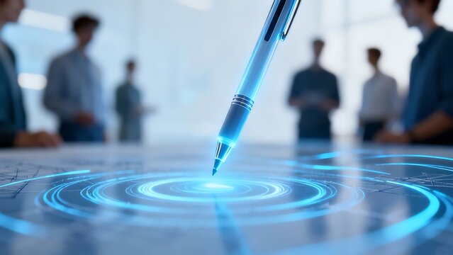 Generative AI pen touching futuristic holographic blueprint