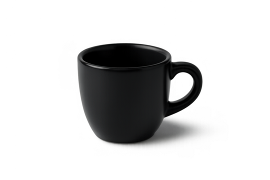 Black ceramic coffee mug on a transparent background, clean empty cup for hot beverages and branding mockups