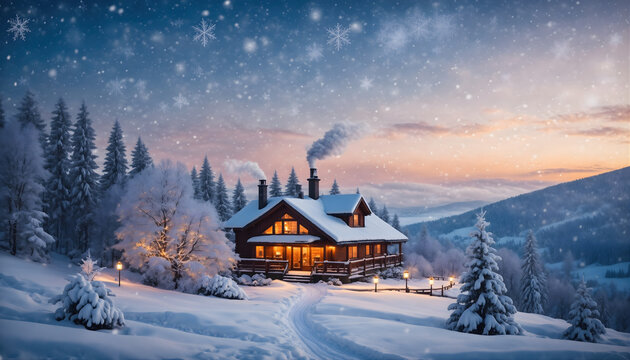 A red house with a porch covered in christmas lights and snow covered trees and bushes.