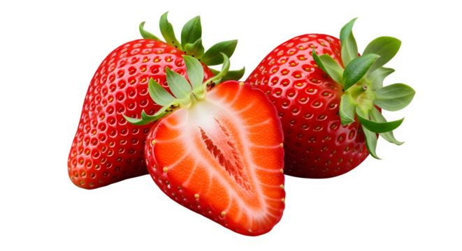 Three fresh strawberries one cut in half isolated on transparent background