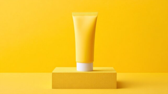 A cheerful yellow tube of skincare cream rests on a matching pedestal, surrounded by a smooth yellow background, evoking freshness and warmth in a contemporary style