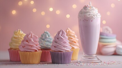 Pastel Cupcakes and Milkshake with Sprinkles and Bokeh Lights.