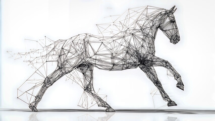 A stylized horse image formed from smooth geometric lines and polygonal wireframe shapes, blending organic curves with the symmetry of modern digital art. White background, clean vector precision.