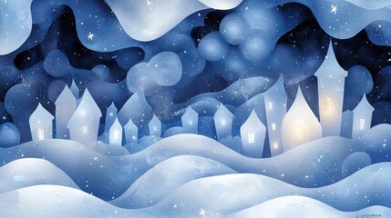 Illustration of a winter village scene with snow-covered hills, illuminated houses, and a starry night sky. The artwork has a soft, dreamy quality.