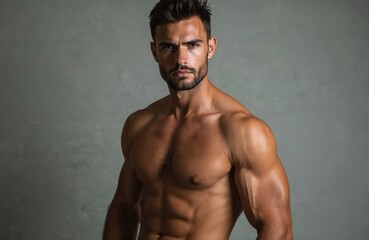 Fototapeta premium Serious man with muscular body, beard poses in studio. Man looks at camera with confidence. Shaved head, tanned skin. Stands against grey wall background. Abs defined, strong arms visible.