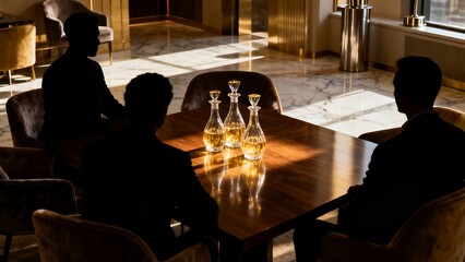 Generative AI refined gathering with decanters and men.