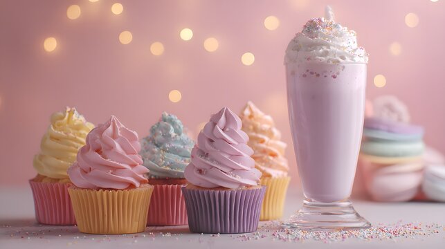 Pastel Cupcakes and Milkshake with Sprinkles and Bokeh Lights. - Powered by Adobe