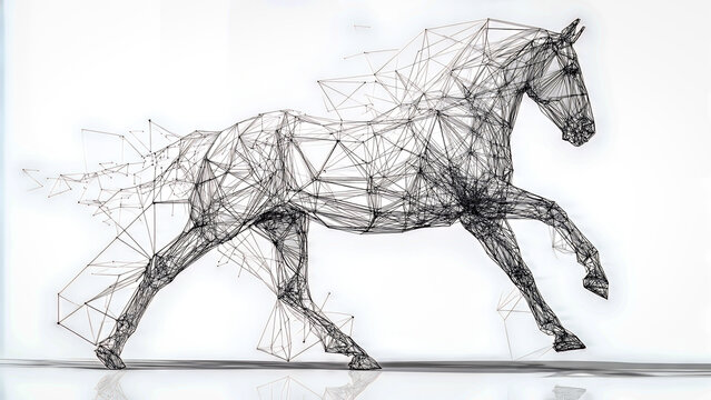 A stylized horse image formed from smooth geometric lines and polygonal wireframe shapes, blending organic curves with the symmetry of modern digital art. White background, clean vector precision.