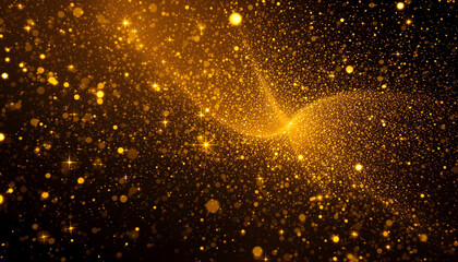 This image captures the motion of sweeping golden particles across a pitch-black background, representing dynamic movement and fluidity