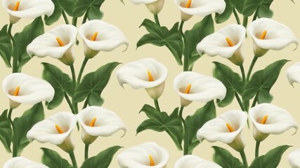 Elegant white calla lilies with green leaves on a pale yellow background, a detailed floral pattern