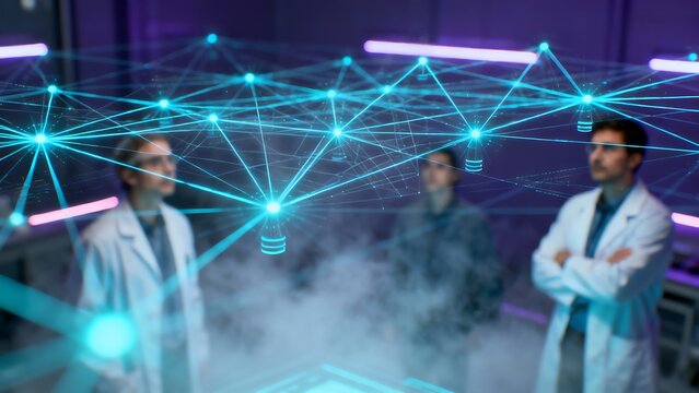 Generative AI researchers observe futuristic network visualization.