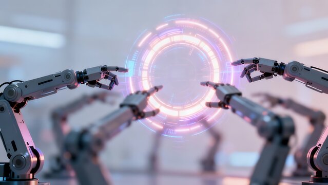 Generative AI robotic arms interacting with digital interface.