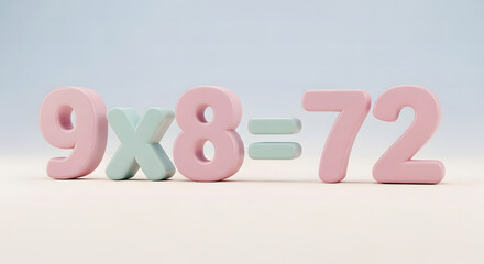 Colorful Wooden Numbers Displaying a Multiplication Equation on a White Surface.