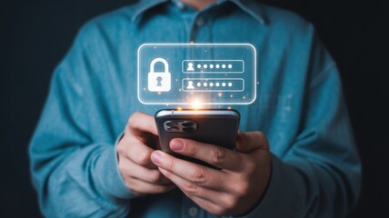 Person interacts with a glowing digital interface displaying login fields and a security padlock symbol above a mobile device.