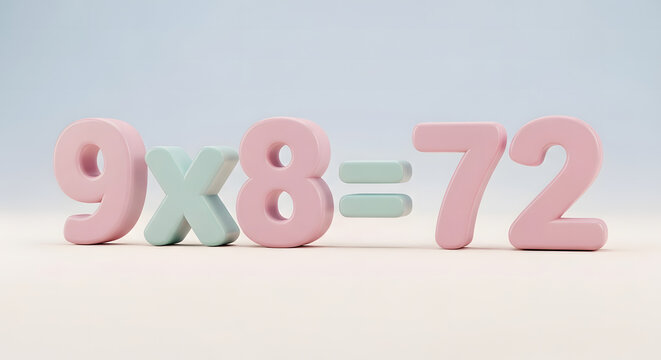 Colorful Wooden Numbers Displaying a Multiplication Equation on a White Surface.