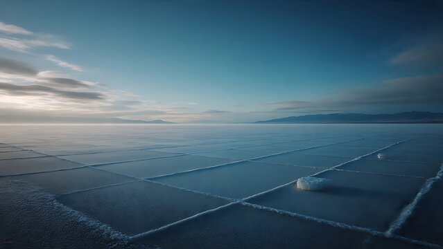 Expansive view of a frozen lake with geometric ice cracks stretching to the horizon under a cold winter sky and distant mountains