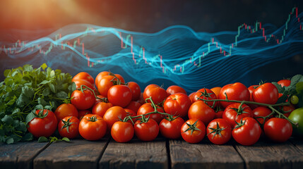 Farm-Fresh Tomatoes on Market Stall with Stylized Flowing Financial Chart as River of Data.