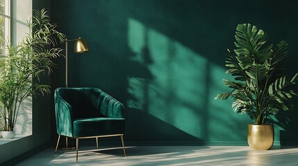 Stylish reading corner with plants and lamp high resolution picture