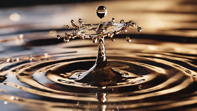 A stunning macro photograph of a water droplet creating a perfect crown splash and concentric ripples on a calm, golden-hued surface