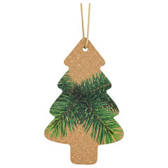Cork christmas tree ornament tag with evergreen pine branches print on transparent background
