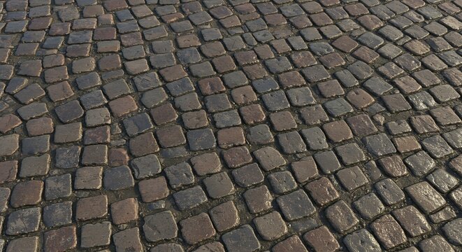 Detailed Cobblestone Pavement Texture with Varied Stone Colors and Patterns.