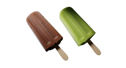 Two popsicles on wooden sticks brown and green isolated on transparent background