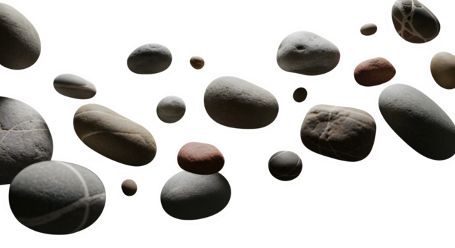 Collection of various stones and pebbles floating in space isolated on transparent background