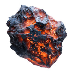 Close up macro view of a rough textured iridescent mineral specimen with glowing orange and blue hues isolated on transparent background