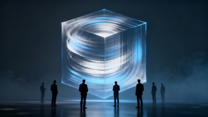 Generative AI visualizing cosmic forces within a crystal cube.