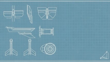 Blueprint of futuristic spacecraft designs technical drawing with grid background for engineering and aerospace projects