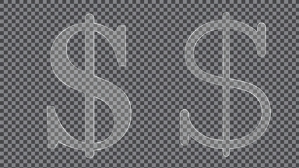 Dollar round square transparent button set on grey background. 3d vector realistic ui icon.