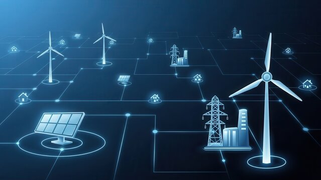Renewable energy sources in a network including wind turbines solar panels and power lines for sustainable energy solutions and smart grid technology