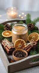 Aromatic winter spices and brown sugar in a wooden tray