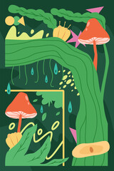 Whimsical forest scene with mushrooms, vines, and abstract shapes in bold greens and oranges, ideal for nature, ecology, or fantasy editorial themes.