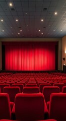 Empty cinema auditorium with rows of red velvet seats and a stage curtain