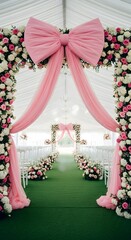 Elegant wedding aisle entrance decorated with pink bow and floral archway