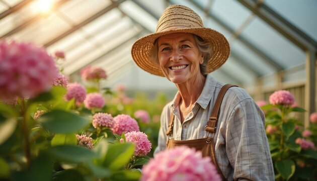 Smiling senior woman in straw hat enjoys gardening pink hydrangeas in greenhouse. She lovingly tends her blooming plants, finding joy in nature and her hobby.