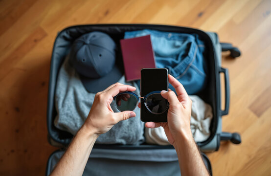 Person holds sunglasses smartphone preparing travel luggage. Open suitcase with clothes passport. Planning adventure vacation with online booking using phone.
