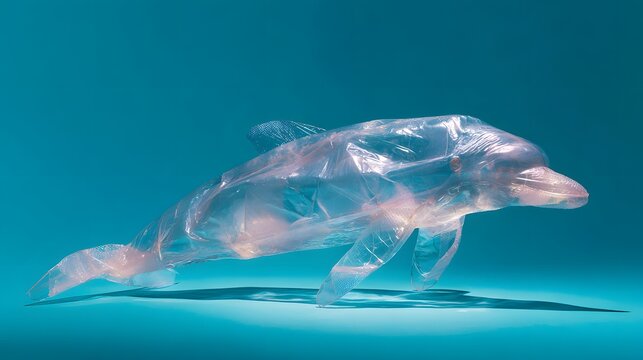 Plastic Dolphin Sculpture on Blue Background Symbolizing Ocean Pollution. - Powered by Adobe