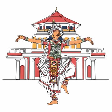 Elegant Kandyan dancer performing traditional Sri Lankan dance in front of temple, cultural illustration for travel, tourism, and heritage projects