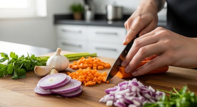 Person chopping vegetables on a wooden cutting board in a kitchen setting.