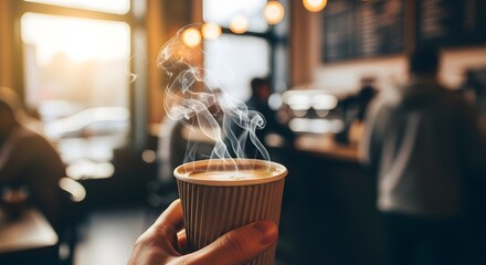Steaming hot coffee in a paper cup held up inside a cafe