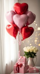 A romantic bouquet of red and pink heart balloons with roses and gifts