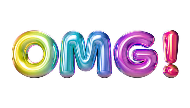 Vibrant multicolored glossy balloon letters spelling om g with exclamation mark 3d rendering
