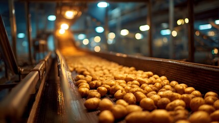 Potatoes moving along a conveyor belt in a large industrial food processing factory.