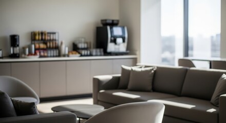 Obraz premium Modern Office Lounge Blur – Soft-focus view of seating area and refreshment corner