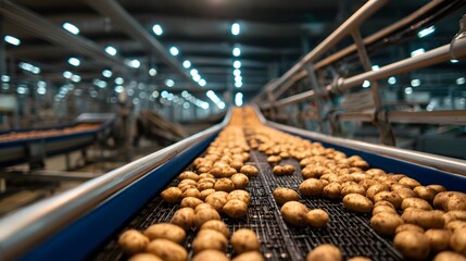 Fototapeta premium Potatoes moving along a conveyor belt in a large industrial food processing plant.