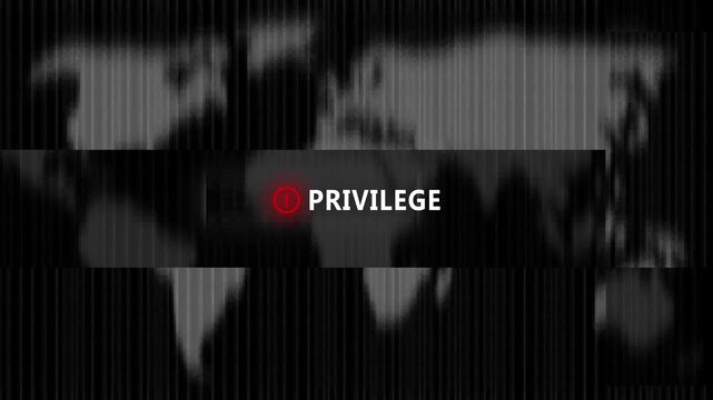 World map with binary code background and a central glowing button labeled PRIVILEGE Keywords: world map, binary code, data, technology, global, network, digital, cyberspace, information